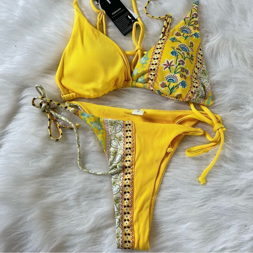 NWT Yellow Floral Print String Bikini - Juniors Large - Picture 11 of 16